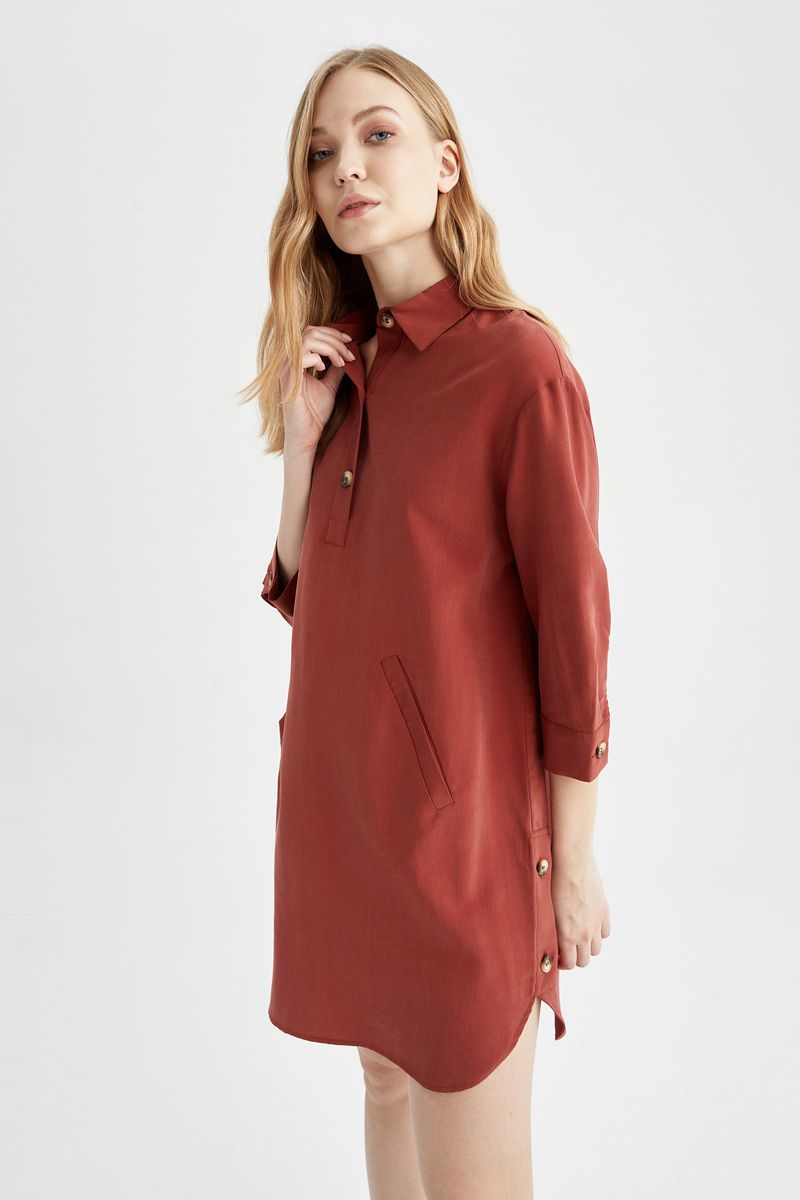 Woman Casual A Line Shirt Neck Long Sleeve Woven Dress - Brown