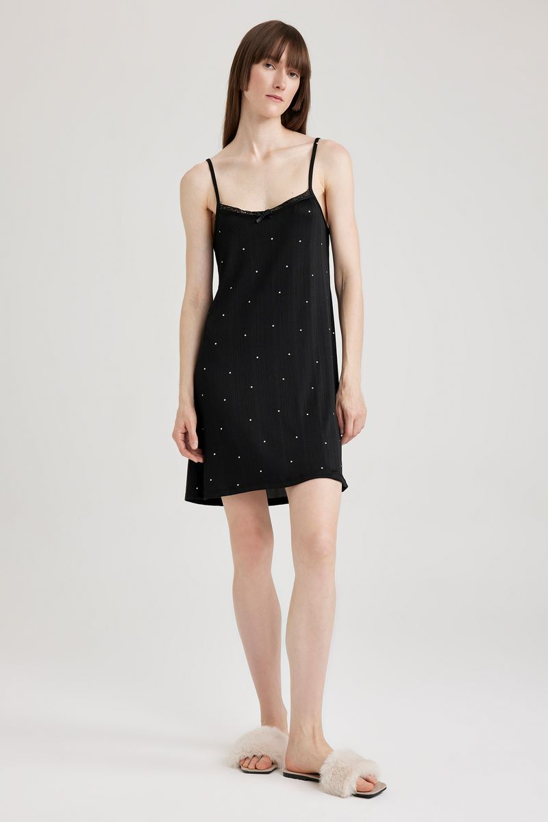 Woman Casual Regular Fit Strappy Short Sleeve Homewear Knitted Dress - Black