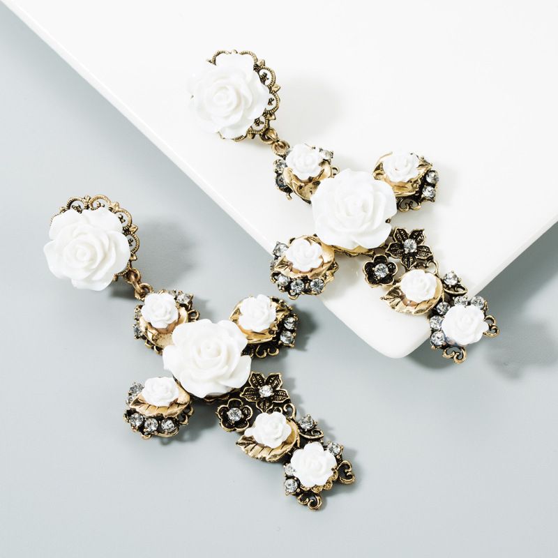 Baroque Vintage Gold Color Cross Earrings For Women Girls Enamel Rose Flowers