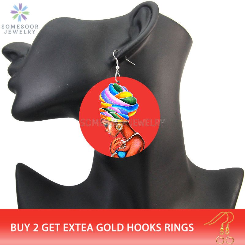 Vinatge African Headwrap Woman Wood Drop Earrings Afrocentric Ethnic Boths Side