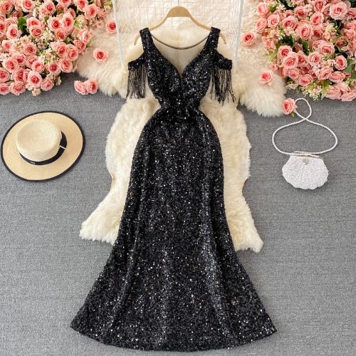 Mesh Sequins Evening Dress - Black