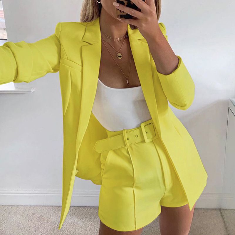 (Yellow)Sampic Casual Blazer Pant Suits Long Sleeve Women Two Piece Set White Pink Yellow Summer Autumn 2 Piece Shorts Set GRE