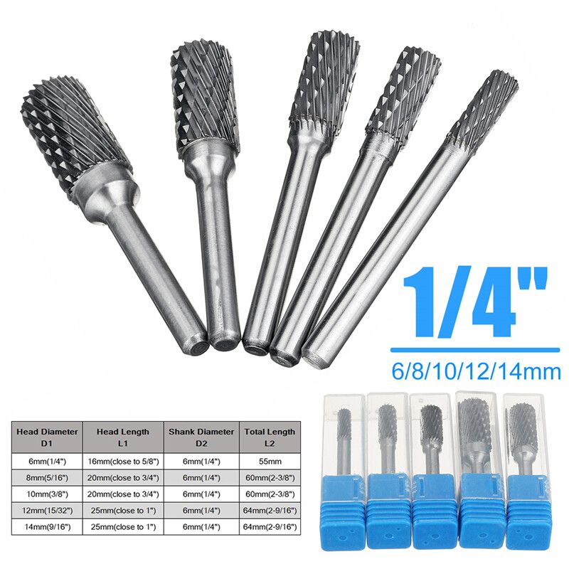 5PCS 1/4'' 6/8/10/12/14mm Head Shank Long Tungsten Carbide Burs Steel Rotary Aluminum Cut Burr Wood Rasp Drill Bits Tool