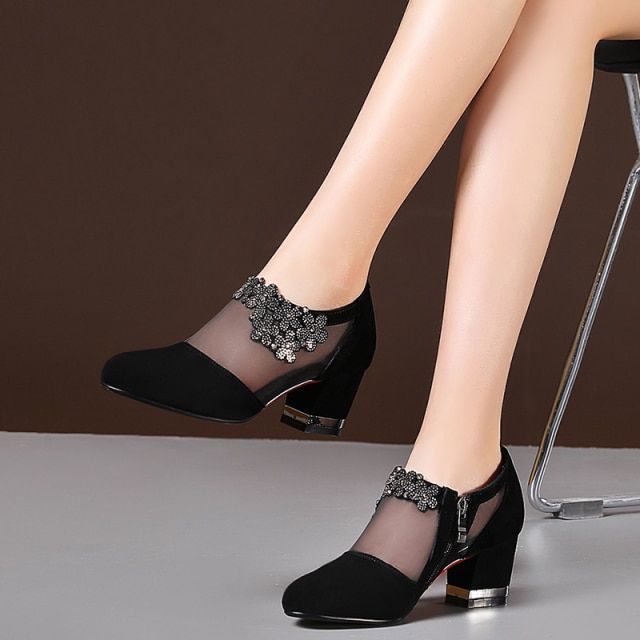 Summer Women Hollow Pumps Mid Heel Mesh Rhinestone Ladies Single Sandals