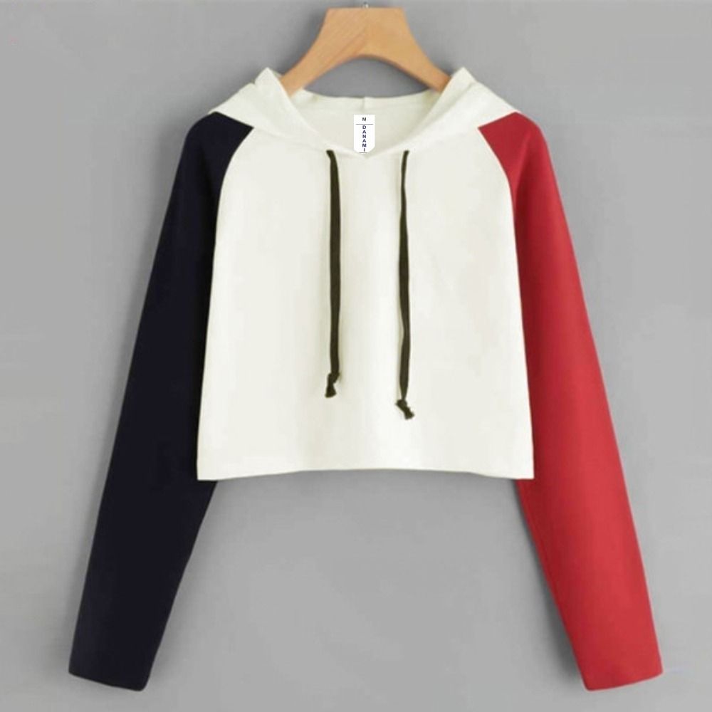 Women Black & Red Contrast Off White Crop Hoodie