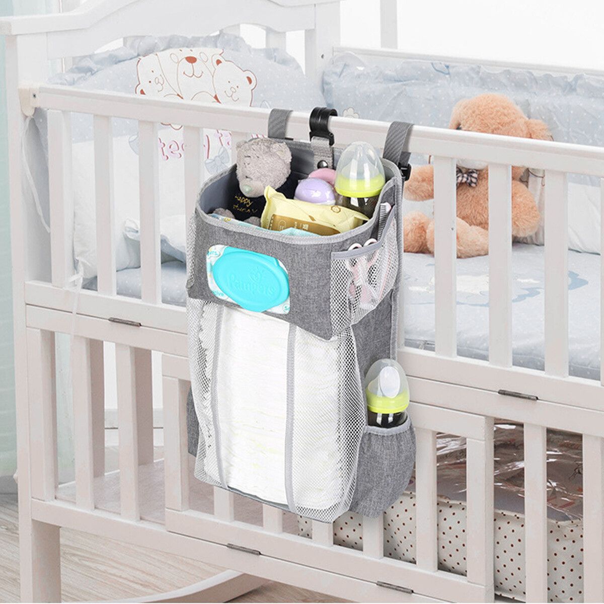 Baby Crib Cot Bed Storage Bag Hanging Pocket Diaper Nappy Clothes Organizer Bag Grey