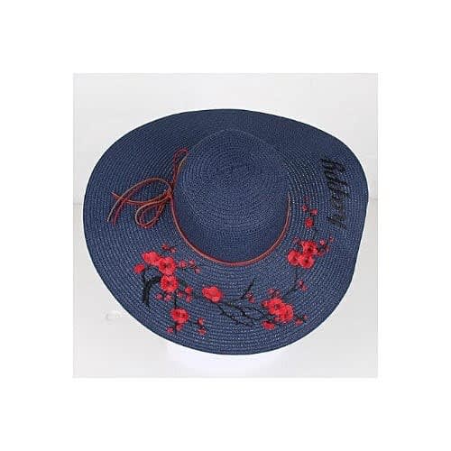Happy Floral Embroidered Wide Brim Sun Hat - Blue