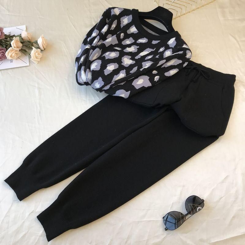 (black)Women's Two-piece Casual Knitted Short-sleeved Pants Spring And Summer Printed Beaded Pullover + Double Pocket Lace Pants Women GRE