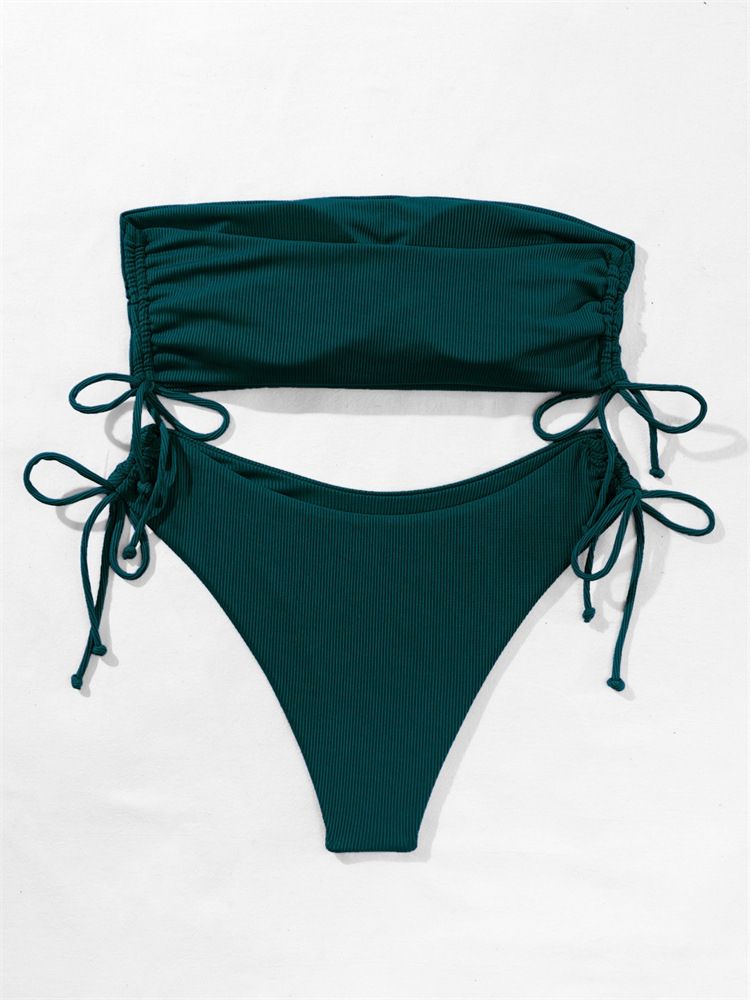 (Lake Blue)2022 New Split Two Piece Tube Top Bikini Solid Color Y Ladies