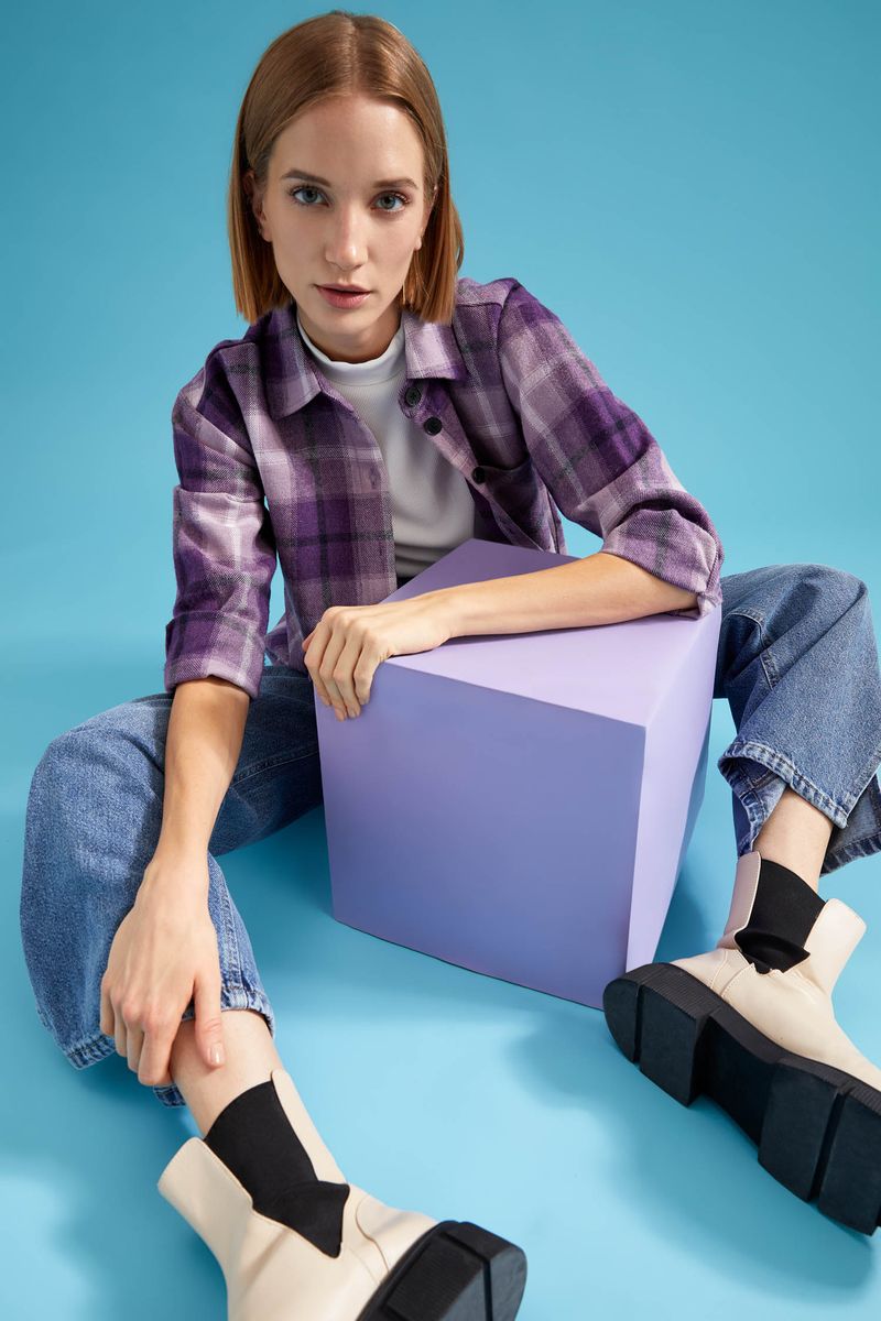 Woman Casual Shacket Shirt Neck Woven Long Sleeve Shirt - Purple