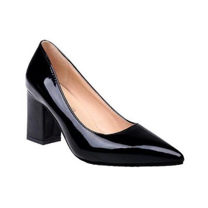 Block Heel Patent Leather Pointee Cover Shoe - Black