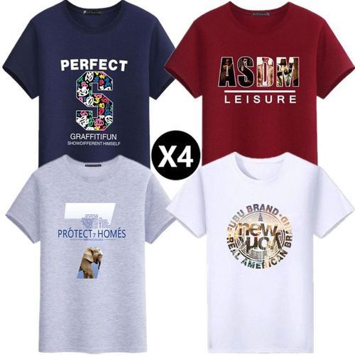 Cotton 4 Pcs Shirts Men's Summer Short Sleeve Cartoon Printed Young Men T-shirt
