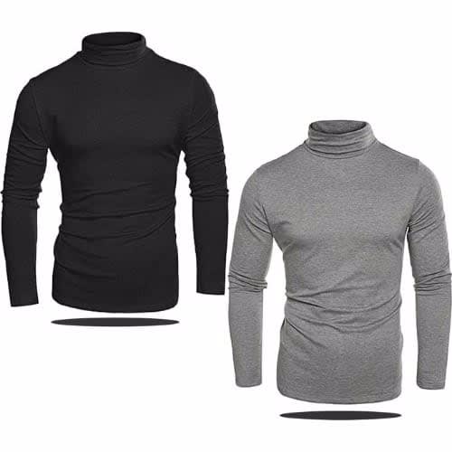 Men's Plain Turtle Neck Long-sleeve Tshirt - Grey And Black