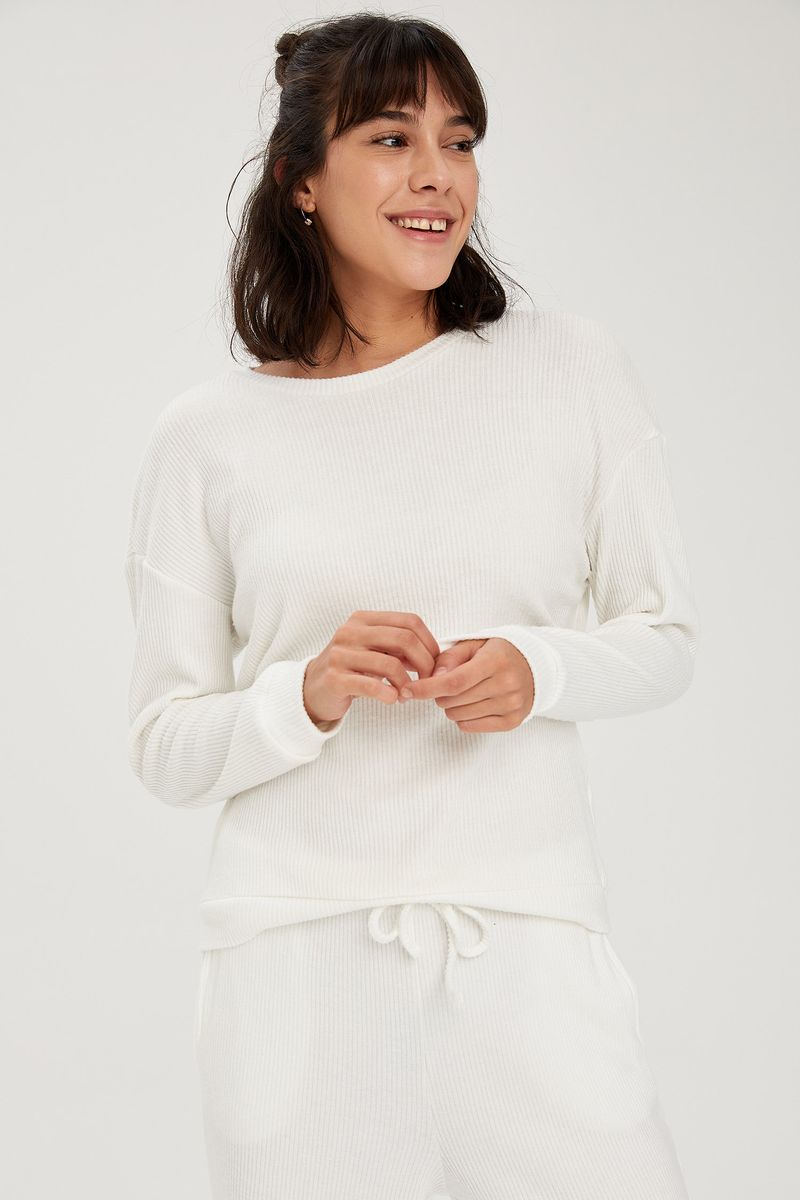 Woman Relax Fit Crew Neck Long Sleeve Homewear Knitted Tops - Ecru