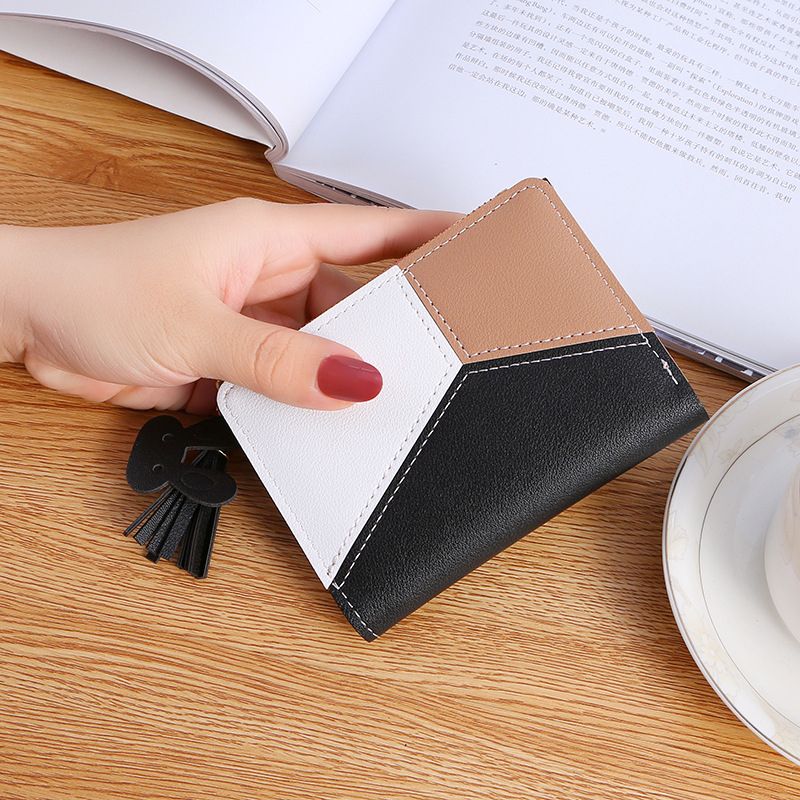 Women's Wallet PU Leather Spliced Zipper Purse - Black