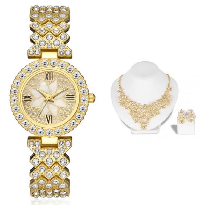 Studded Rhinestone Women Wrist Watch And Jewelry Set-Gold