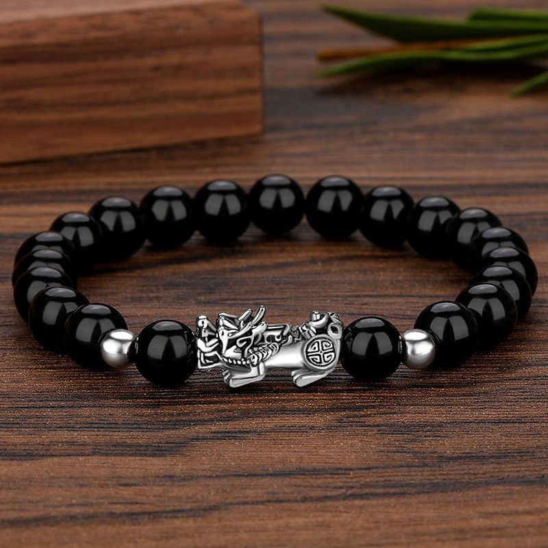 Mens Silver Dragon Feng Shui Black Obsidian Wealth Bracelet
