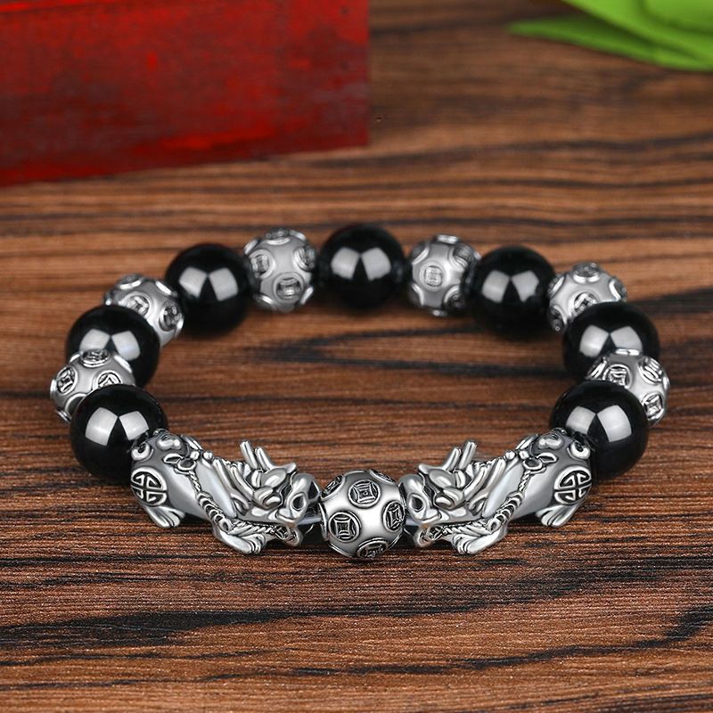 Mens Double Dragon Pearl Feng Shui Obsidian Wealth Bracelet