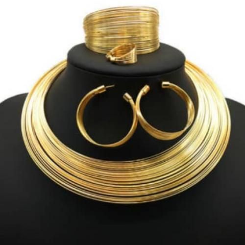 Golden Necklace, Ring And Earrings Bride Jewelry Set