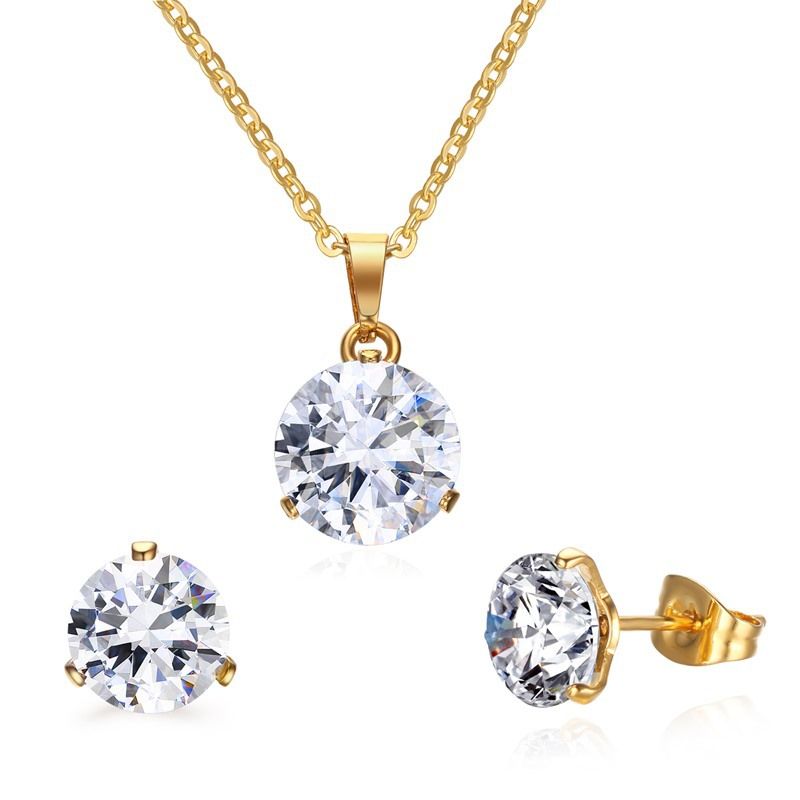 Simple Stainless Steel Gold Jewelry Sets For Women Rhinestone Crystal Wedding Necklace Earring Set For Ladies