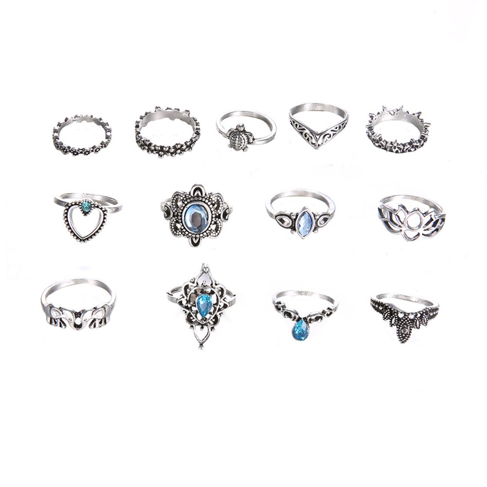 13Pcs Boho Hollow Stacking Ring Set Knuckle-Antique Silver