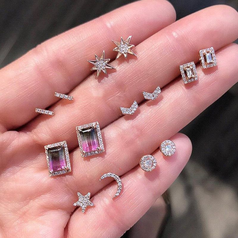 7Pairs/Set Women Rhinestone Inlaid Sun Star Moon Stud-