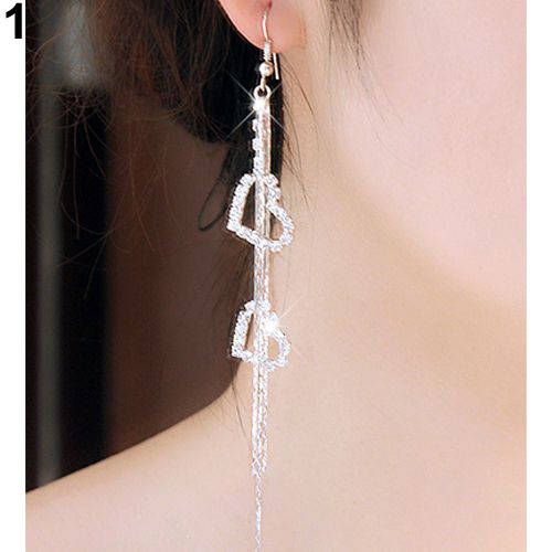 Lady Rhinestone Double Love Heart Drop Long Tassels Chain Dangle Linear Earrings-Silver