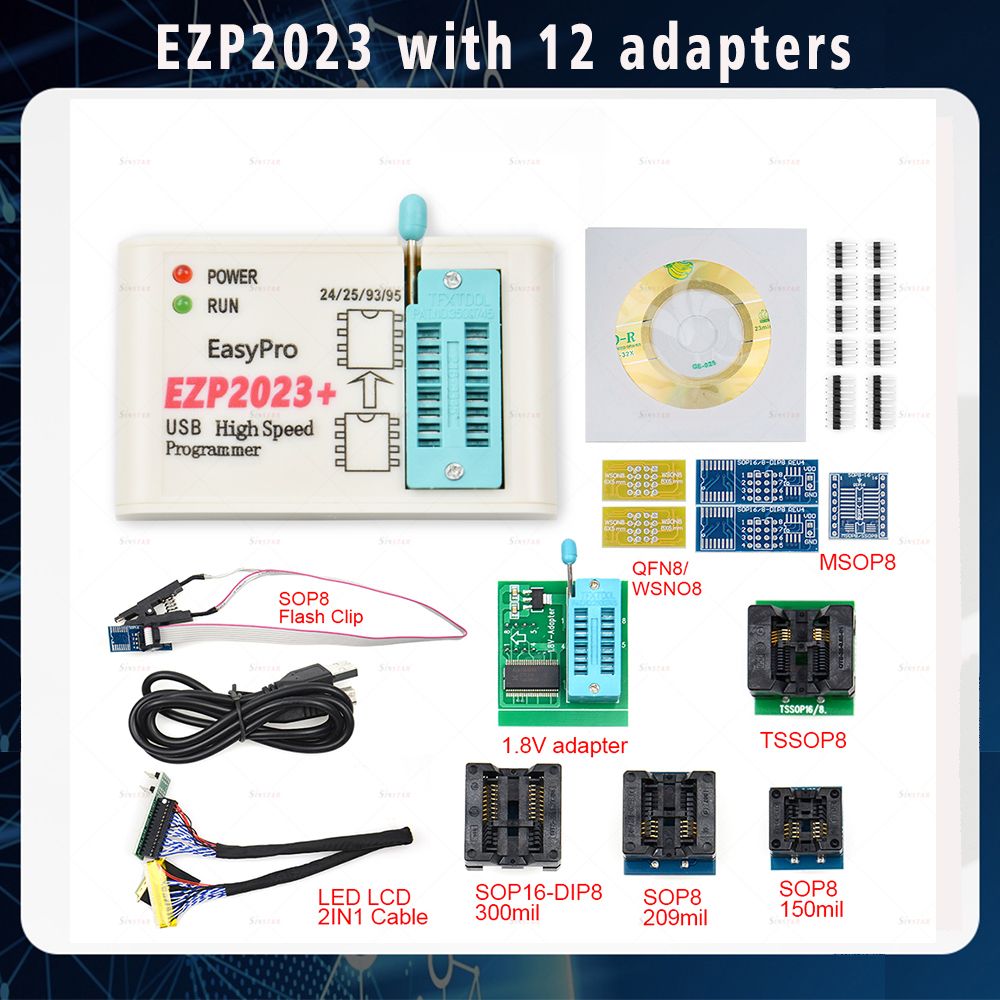 100%  EZP2023 USB  Programmer + 12 Adpters Support 24 25 93 95  Flash Bios