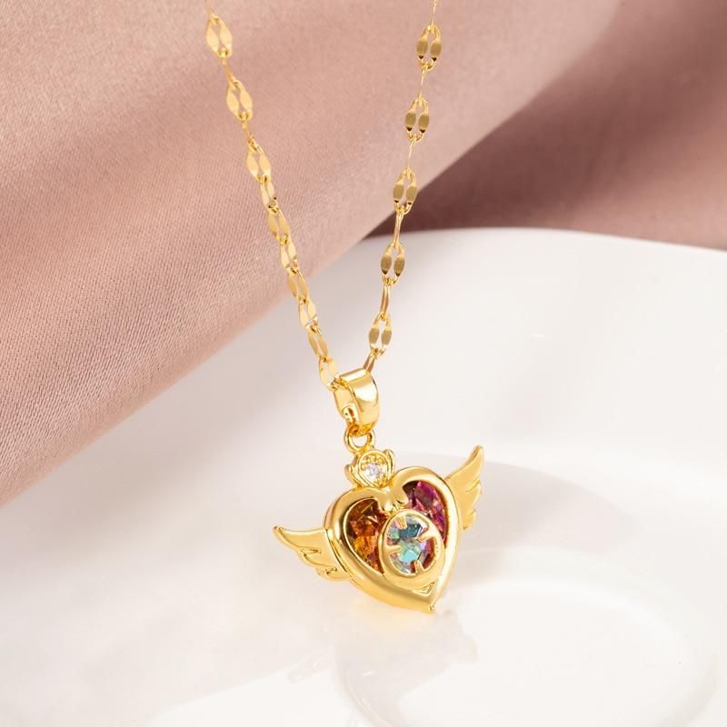 Design Sense Colorful Crystal Angel Wings Love Heart Women Necklace Korean Fashion Female Stainless Steel Clavicle Chain Jewelry