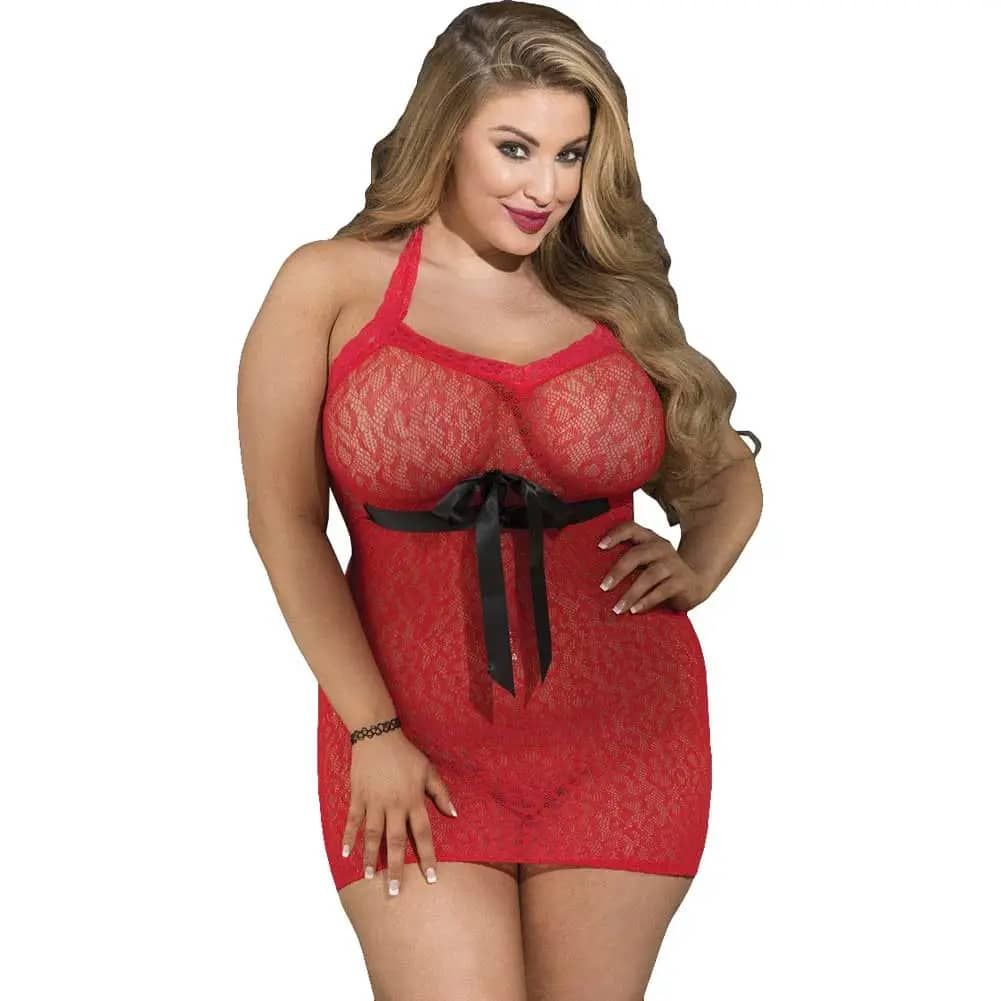 Patterned Stretch Lace Halter Neck Chemise With Satin Bow(Panties Not Included)