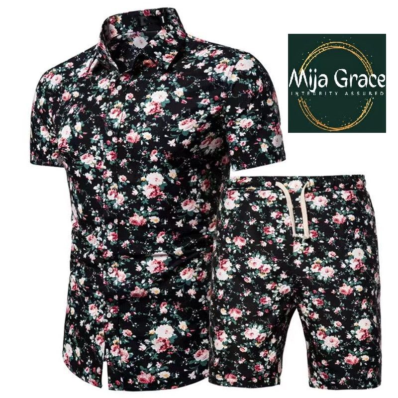 {MijaGrace} Men's Casual Floral Printed Shirt & Shorts 2 Piece Set - Wine Red
