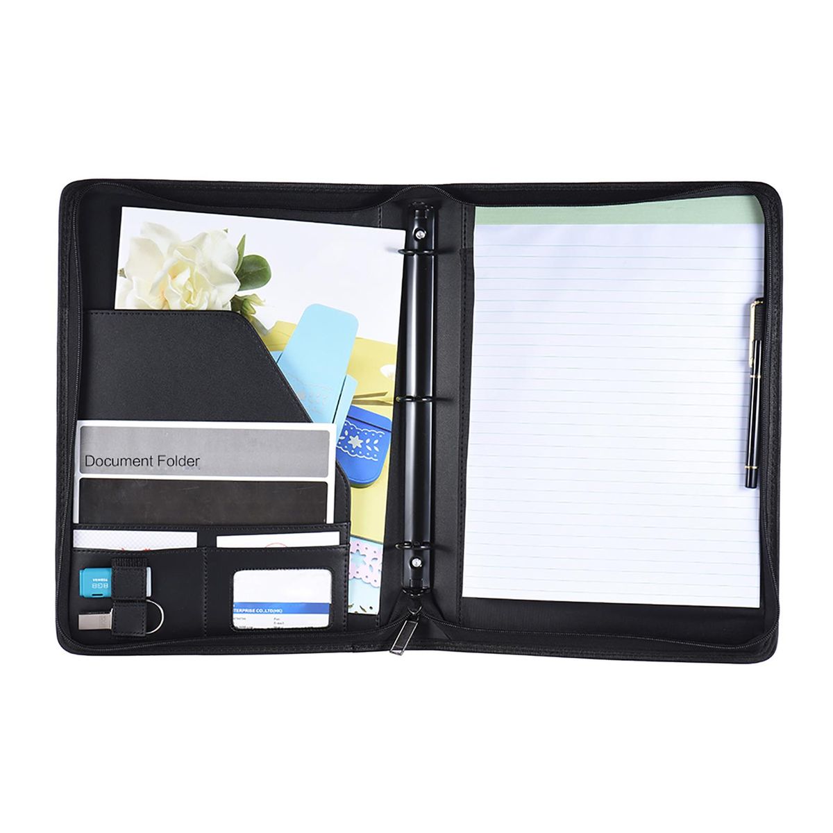 Multifunctional Professional Business Portfolio Padfolio Folder Document Case Organizer A4 PU Leather Zippered Closure Loose-leaf Loop with Business Card Holder Memo Note Pad