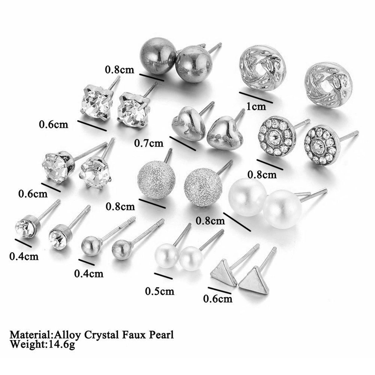 12 Pairs Stud Earring Set - Silver