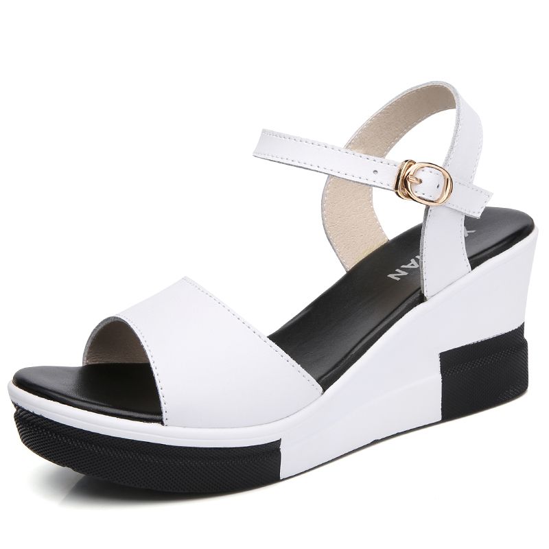 Ladies Classy Leather Wedge Sandals Slippers - White