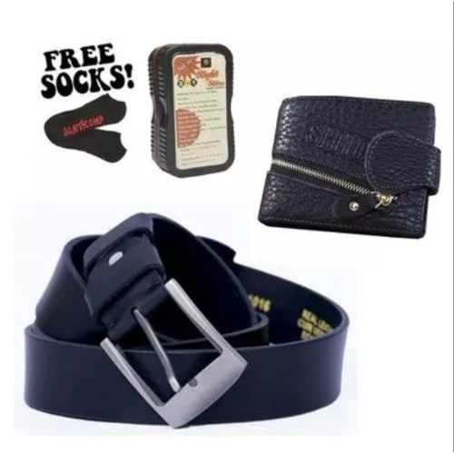 Men's Pure Genuine Leather Wallet & Belt - Black + Free Gifts