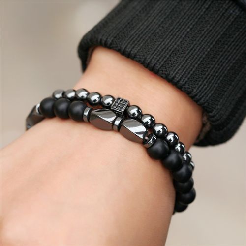 2Pcs Set Stone Beads Bracelet Black