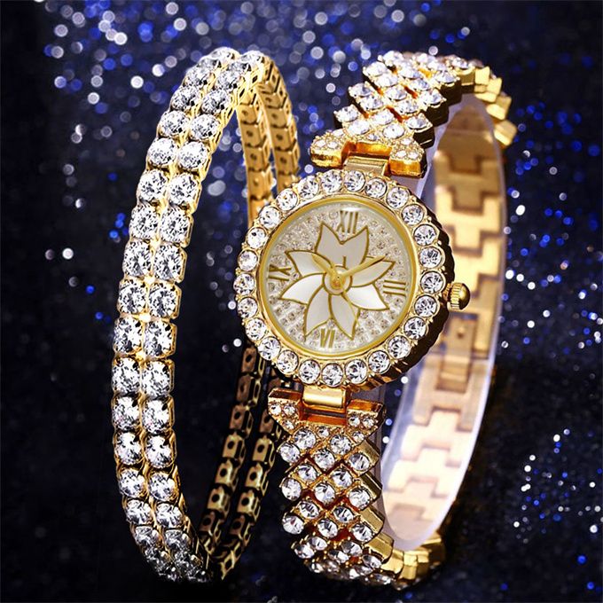 Elegant Stud Ladies Watch With Bracelet - Gold