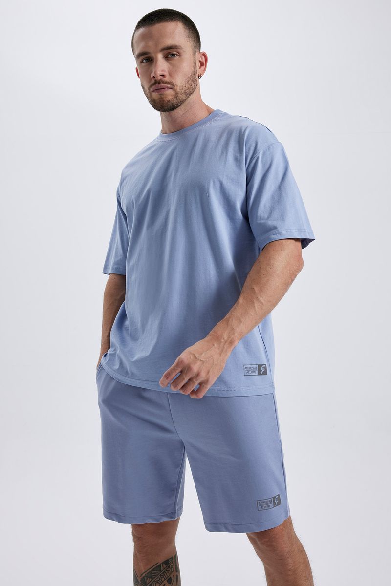 Man Oversize Fit Short Sleeve Crew Neck Knitted T-Shirt - Blue