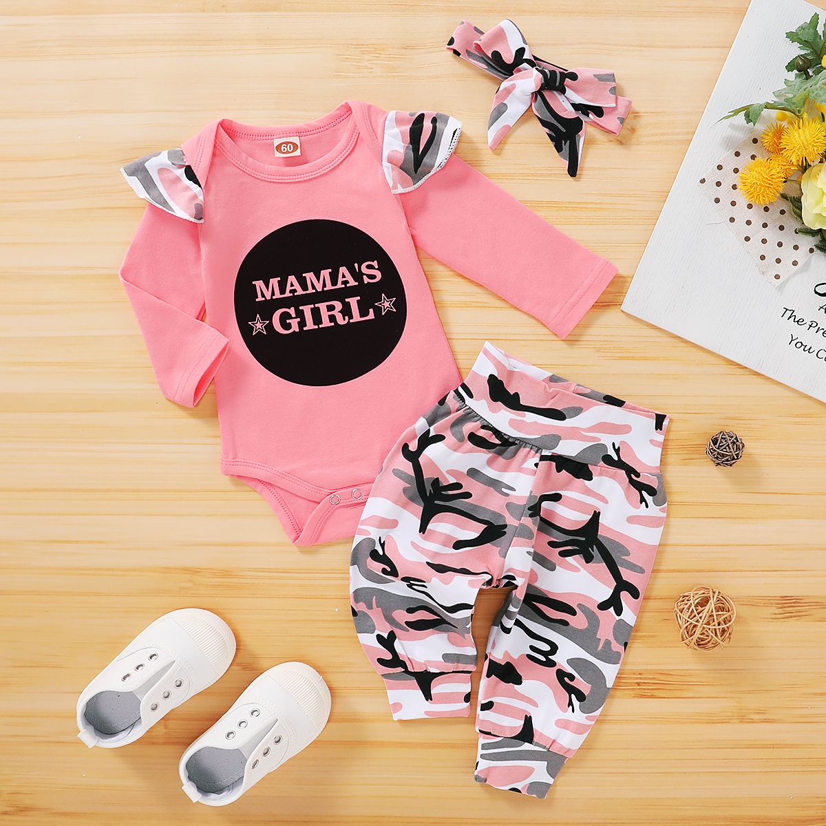 MAMA'S GIRL Infant Baby Long Sleeve Bodysuit Camou Pattern Pants