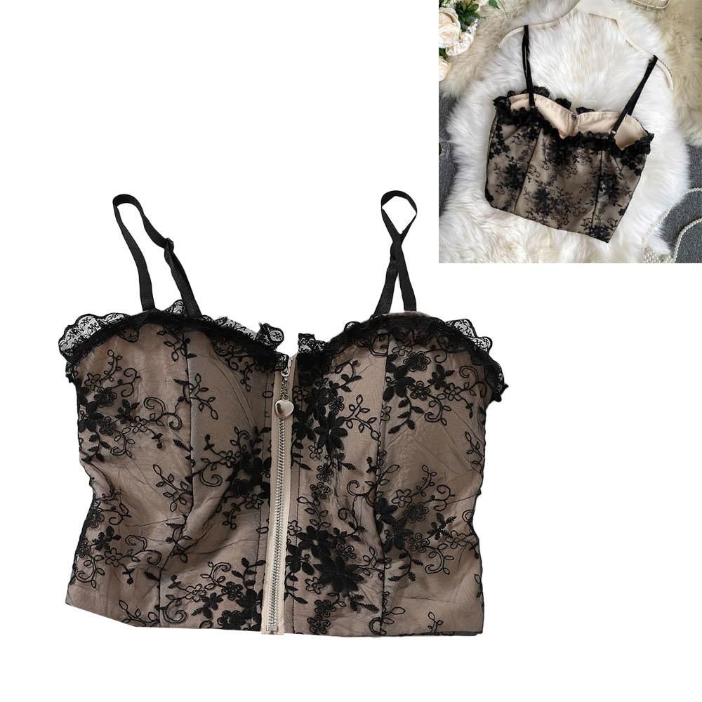 Sexy Camisole Women Short Tops Lace With Back Naked T-shirt Sleeveless Vest Pretty French Clothing Chic Elegant