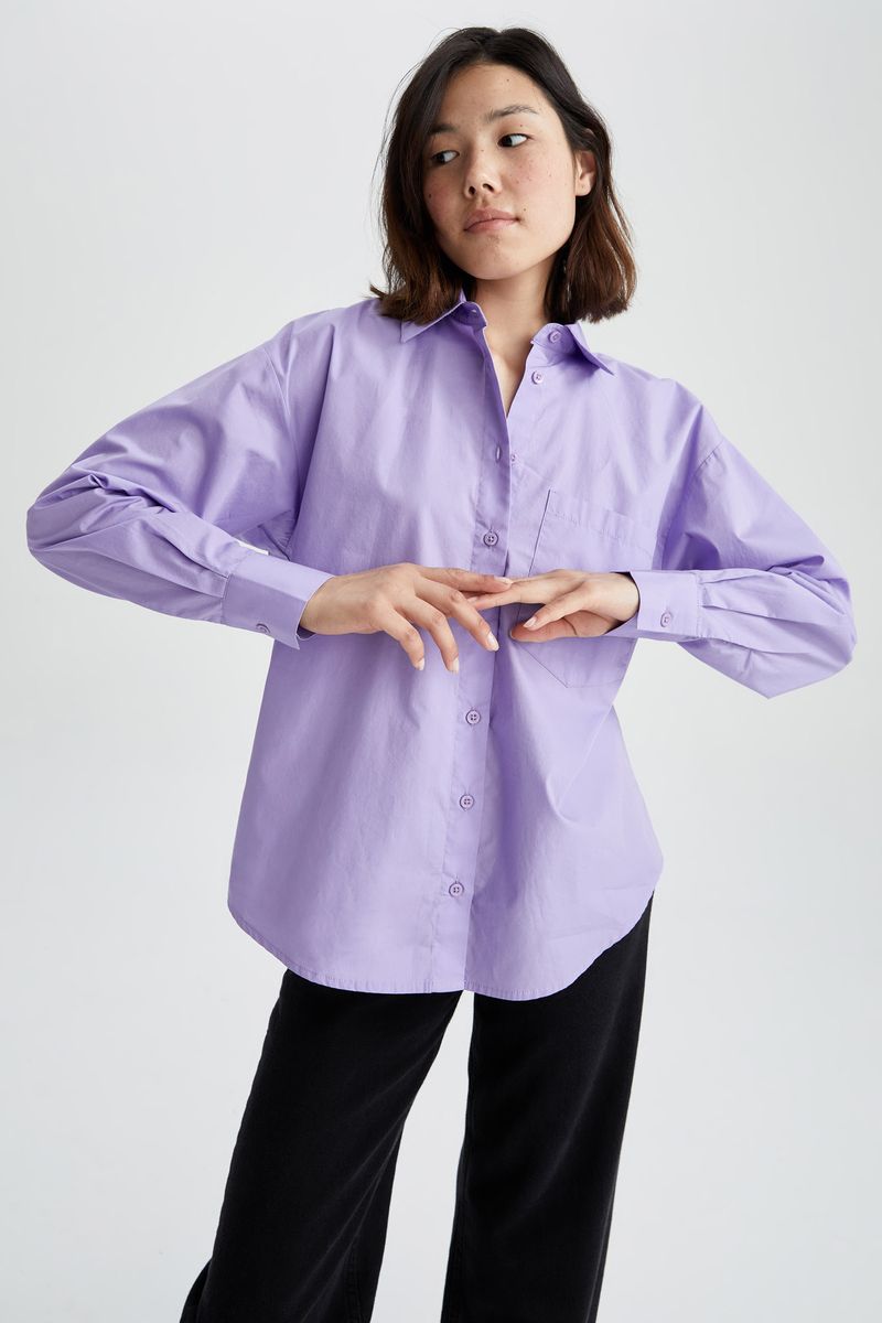 Woman Young Oversize Fit Woven Long Sleeve Shirt - Purple