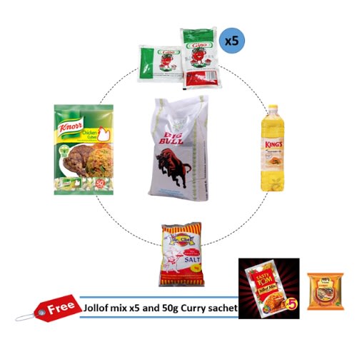 Big Bull Rice 10kg+(vegetable Oil, Salt, Knorr & Gino Tomato Mix)+ Free Jollof Mix & Curry