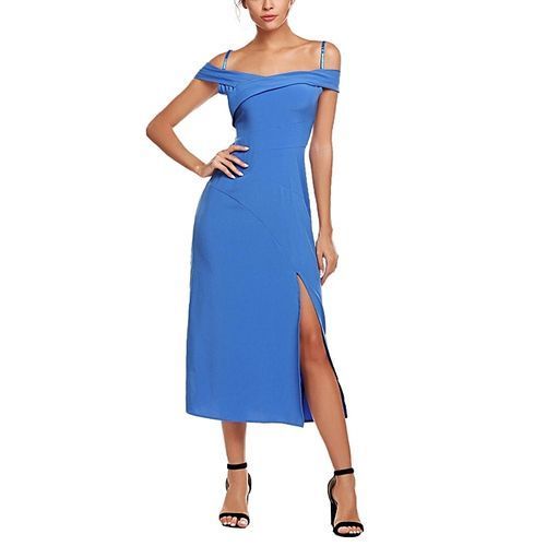 Women Classic Sleeveless Cold Shoulder Solid Spaghetti Straps Midi Split Dress ( Blue )