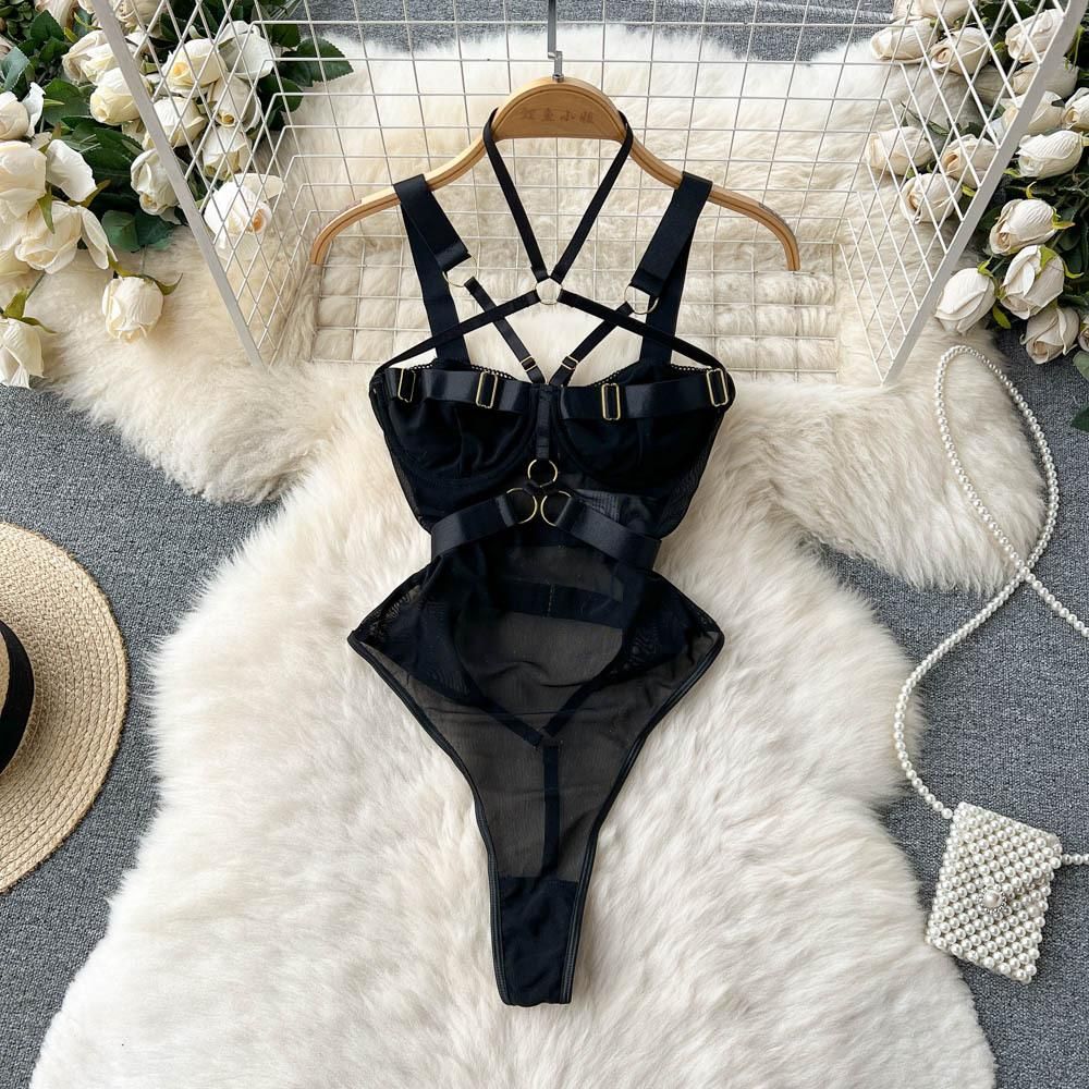 Design sense buckle, cross hanging neck, hollowed out suspender, tight fitting clothing, sexy