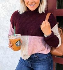 Winter Casual Fashion Women Patchwork Long Sleeves Knitted Turtle Neck Sweater Jumper Pullover Tops(#Pink)