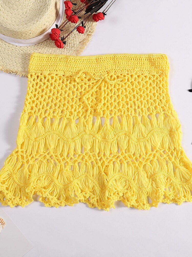 2022 Y Solid Crochet Knitted Beach Skirt Hollow Out Beach Cover Up Women Bikini