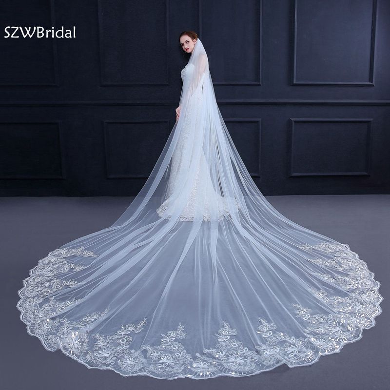3 Meter White Ivory Cathedral Wedding Veils Long Lace Edge