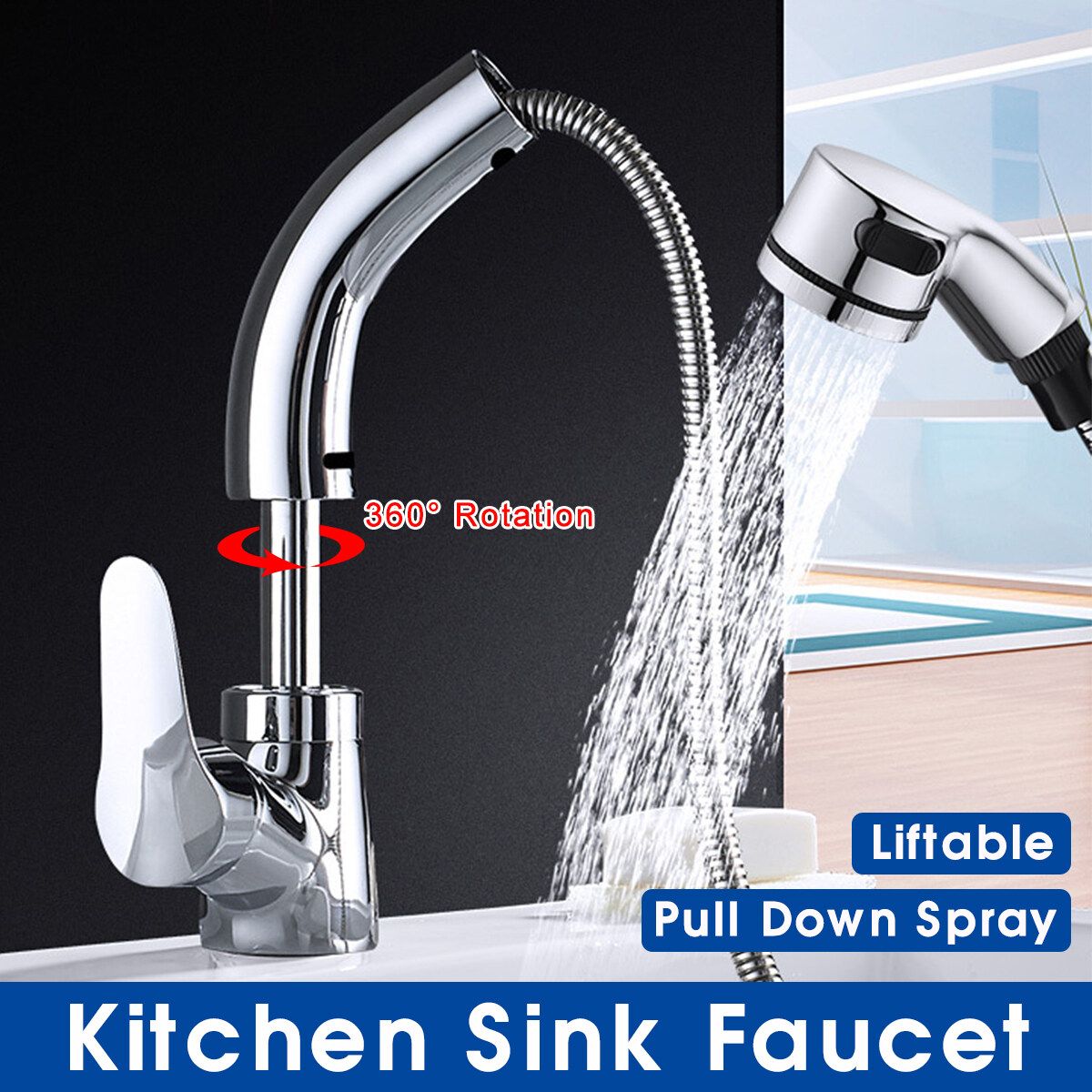 Kitchen Sink Faucet Pull Out Rotation Spray Mixer Liftable Cold And Hot Water -- Silver / Gold / Black / White Silver