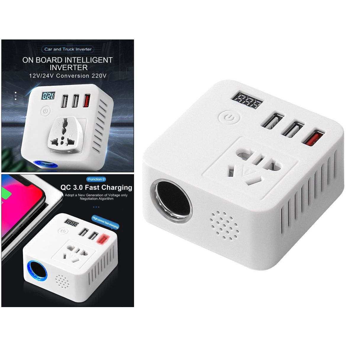 150W Digital Car Power Inverter DC 12V To 220V Converter 3 USB White