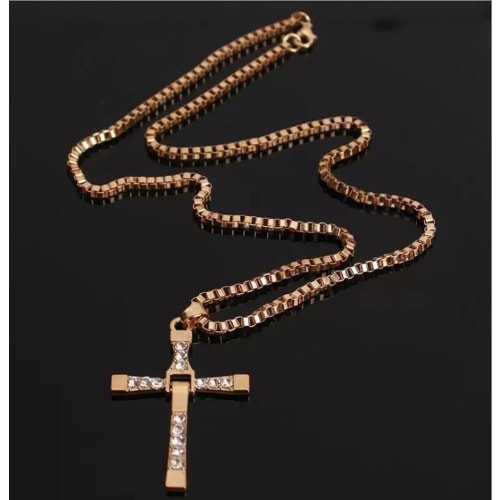 Unisex Rhinestone Bold Cross Pendant Necklace - Gold